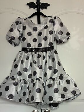 Disney White Black Polka Dot Party Dress Ribbon Waist Peekaboo back size 11-12